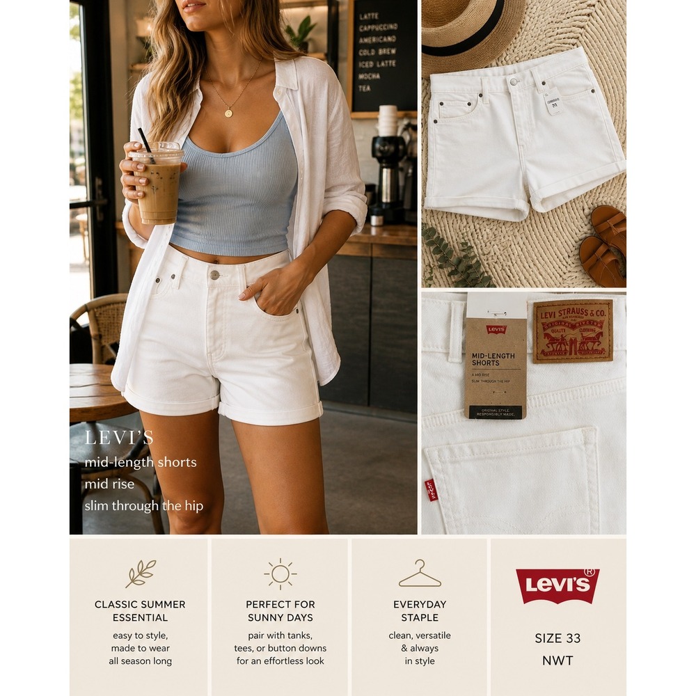 Levis Womens Mid Length Denim Shorts White Mid Rise 29965-0129 Size 33 READ DESC